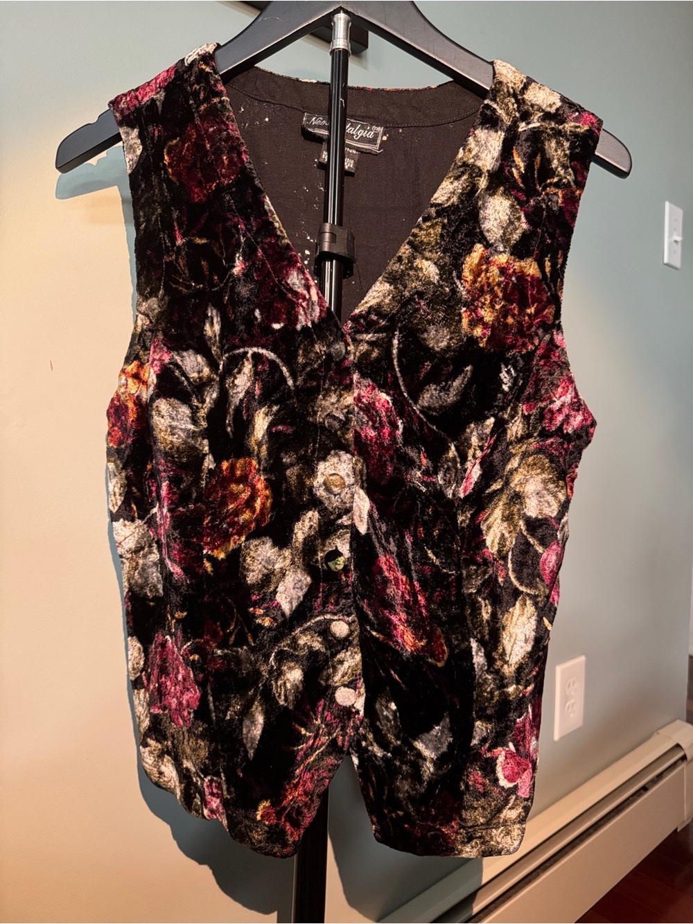 Vintage Neo Nostalgia Crushed Velvet Floral Button-Front Tie Back Vest Large